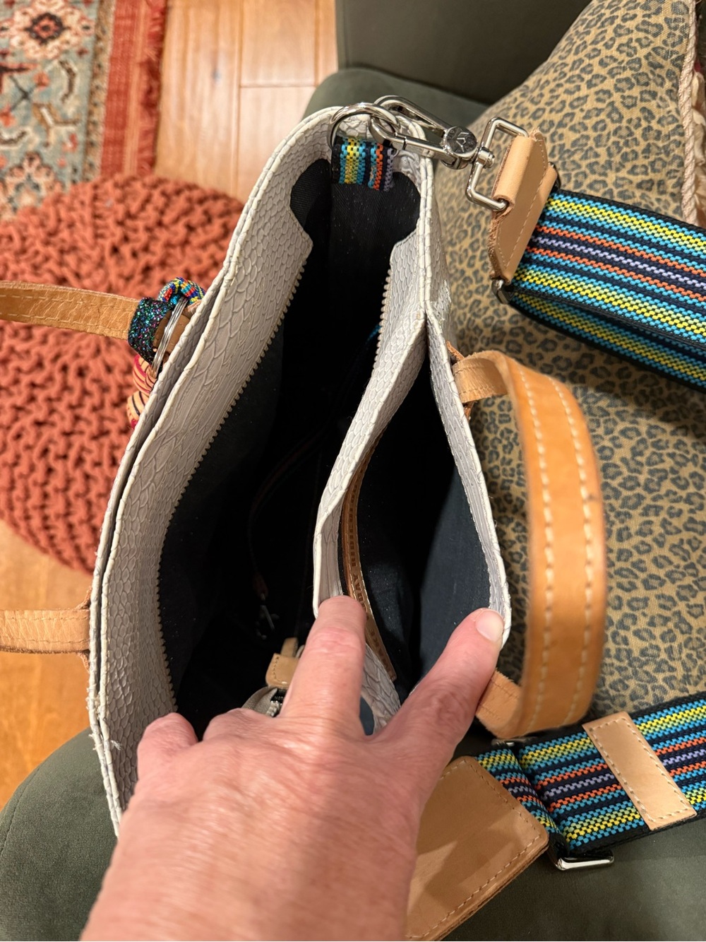 Consuela White Textured Tote with Tan Handles and Multicolor Strap - Picture 7 of 14